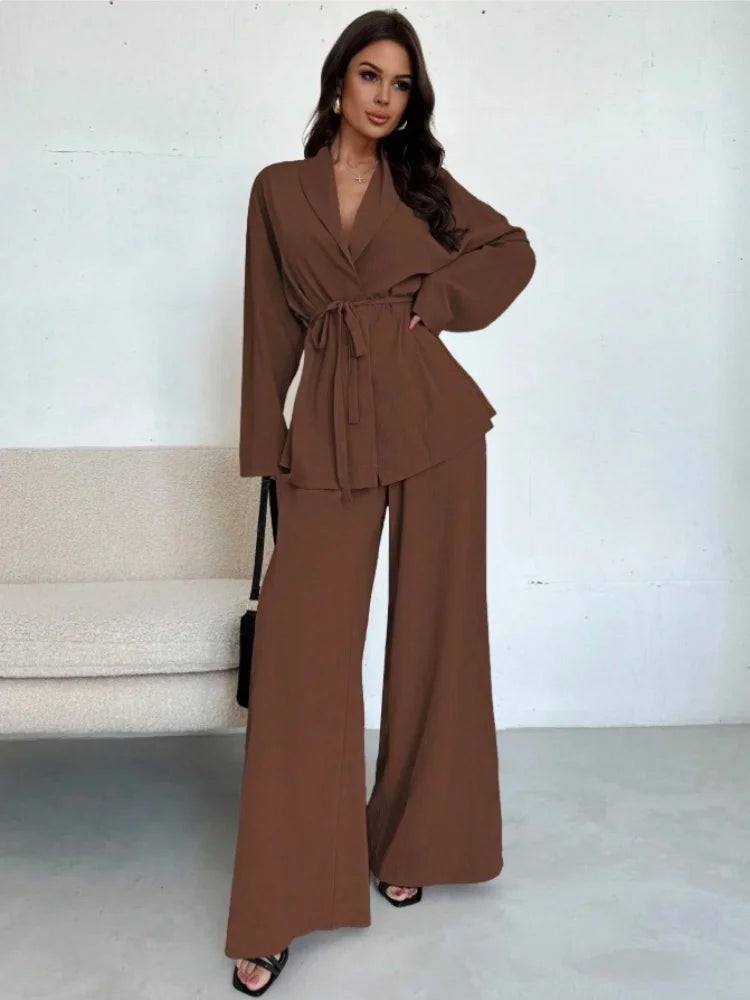  2025 Autumn Winter Two Piece Outfits Woman Clothing Fashionable V-Neck Temperament Long Sleeved Elegant Wide Leg Pants Set