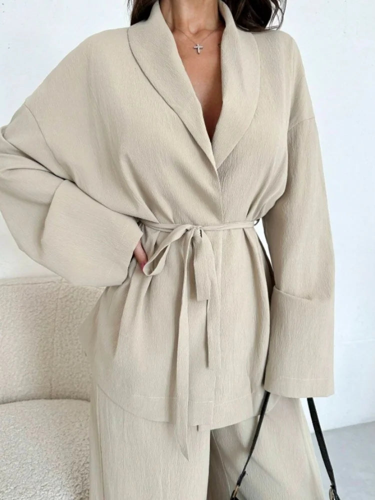  2025 Autumn Winter Two Piece Outfits Woman Clothing Fashionable V-Neck Temperament Long Sleeved Elegant Wide Leg Pants Set