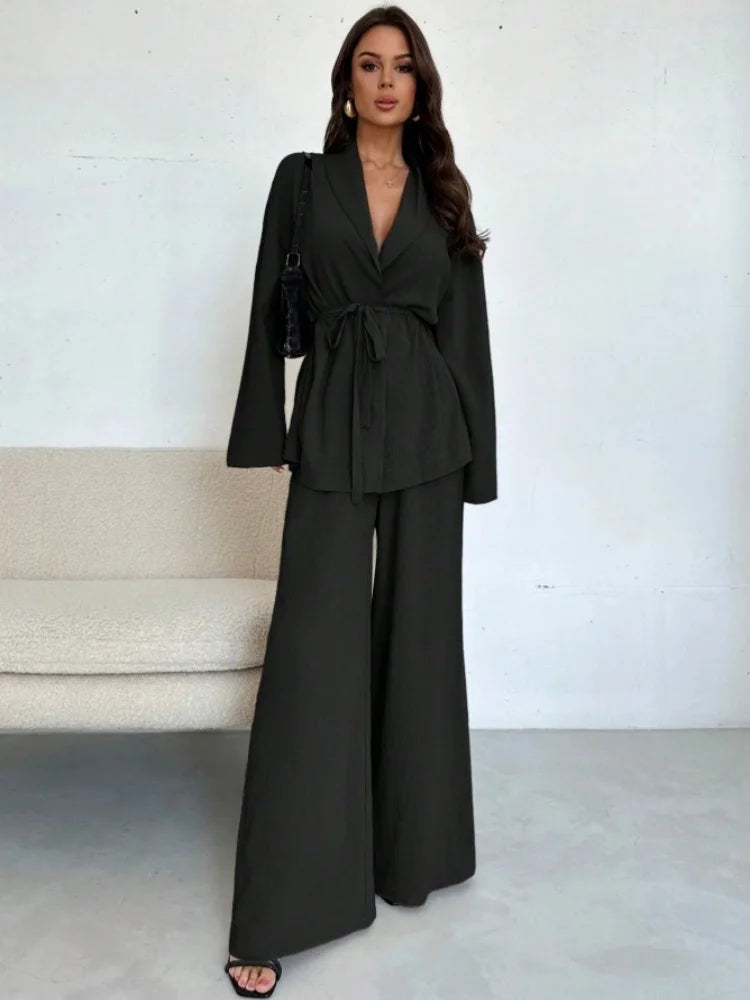  2025 Autumn Winter Two Piece Outfits Woman Clothing Fashionable V-Neck Temperament Long Sleeved Elegant Wide Leg Pants Set
