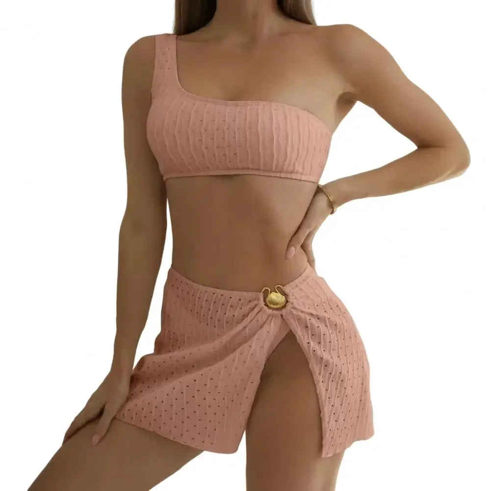 3Pcs/Set Summer Women Bikini Set Backless Lines Texture Bikini Skirt Set One Shoulder High Waist Metal Ring Lady Swimsuit