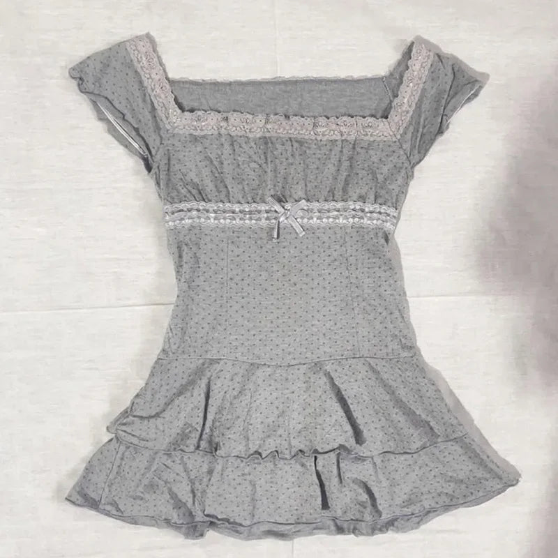 Y2k Sweet SlimTshirt Goth Fake 2 Pieces Vintage Punk Short Sleeve 2000s Button Crop Top Woman Clothing ONeck Harajuku Korea Tees