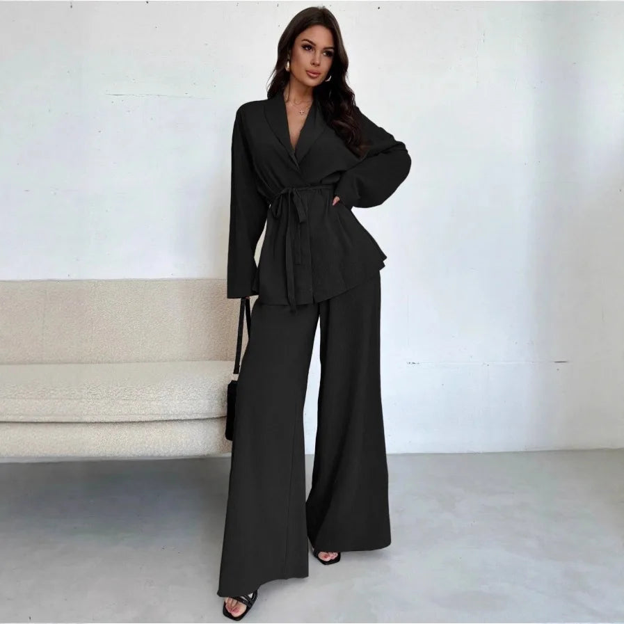  2025 Autumn Winter Two Piece Outfits Woman Clothing Fashionable V-Neck Temperament Long Sleeved Elegant Wide Leg Pants Set