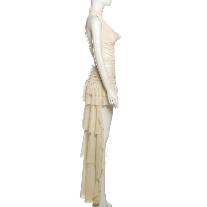 Woman Clothing 2 Pieces Set Dresses Backless Halter Top and Ruffle Long Skirt Elegant Summer Vacation Outfits P94-DH38