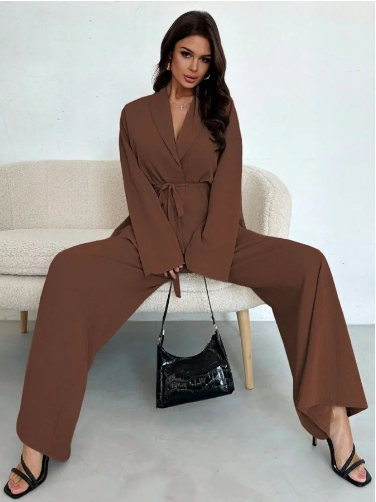  2025 Autumn Winter Two Piece Outfits Woman Clothing Fashionable V-Neck Temperament Long Sleeved Elegant Wide Leg Pants Set