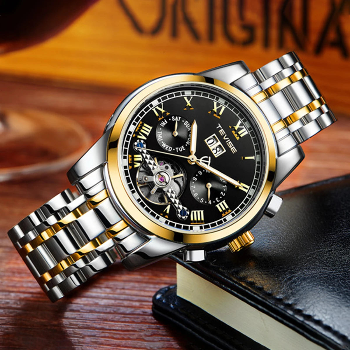 TEVISE Automatic Watch for Men Tourbillon Self-Wind Luxury Stainless Steel Strap Waterproof Luminous Date Wrist Watch