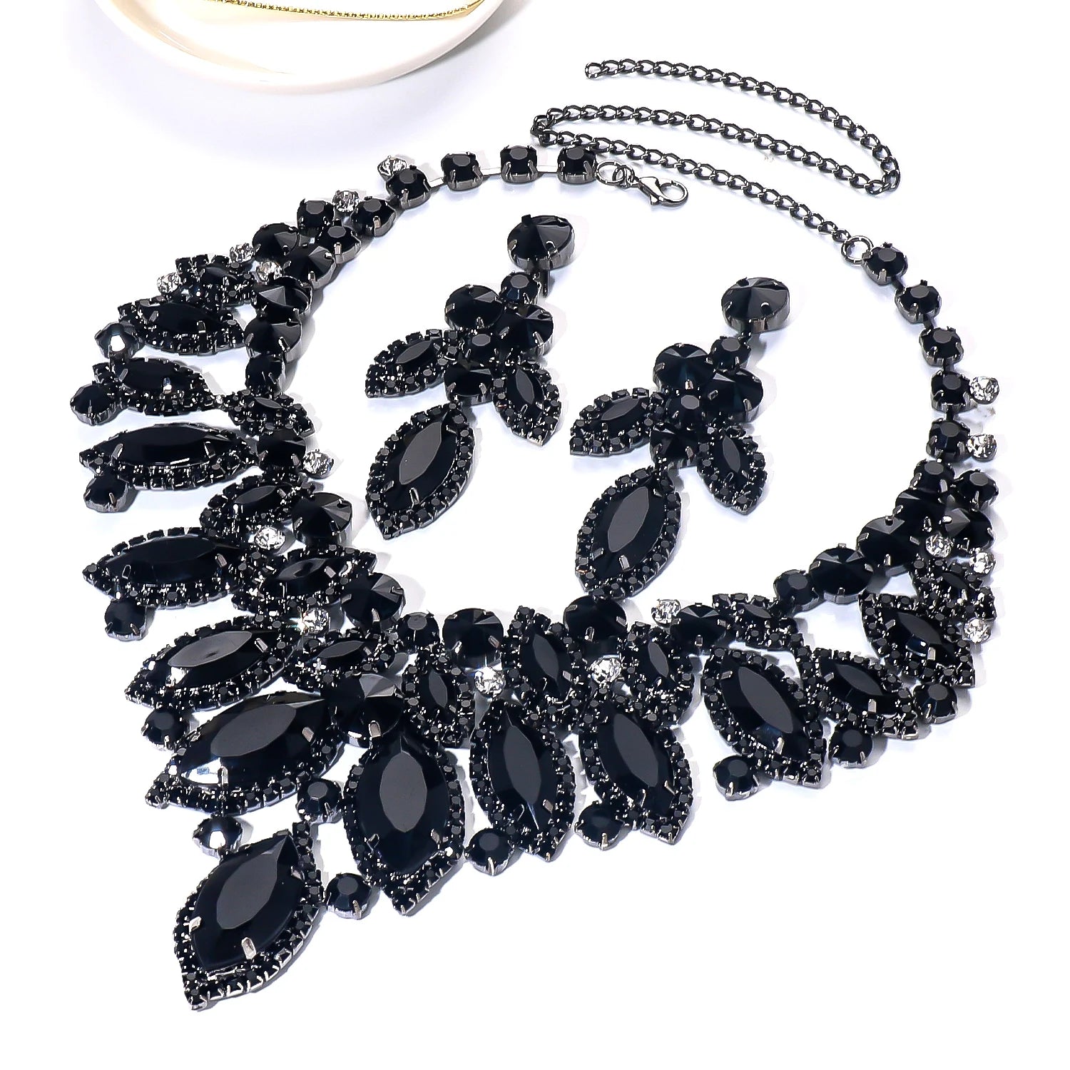 Stonefans Exquisite Earrings Necklace Set Leaf Exaggerate Accessories Luxury Black Rhinestone Bridal Jewelry Sets Prom for Women