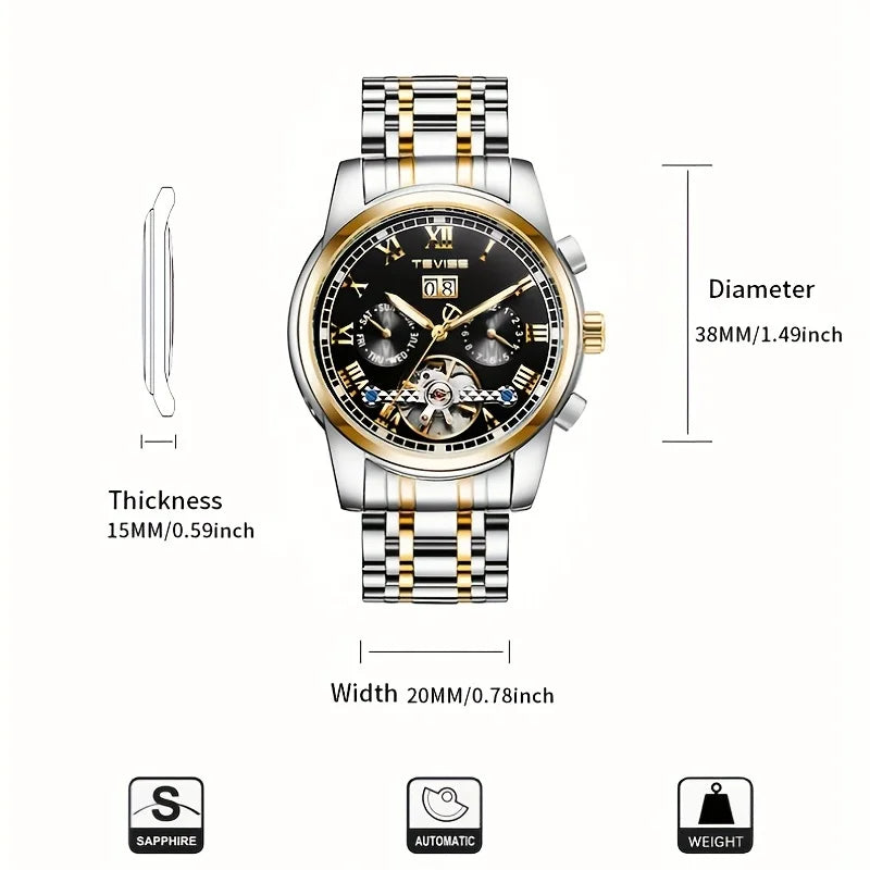 TEVISE Automatic Watch for Men Tourbillon Self-Wind Luxury Stainless Steel Strap Waterproof Luminous Date Wrist Watch