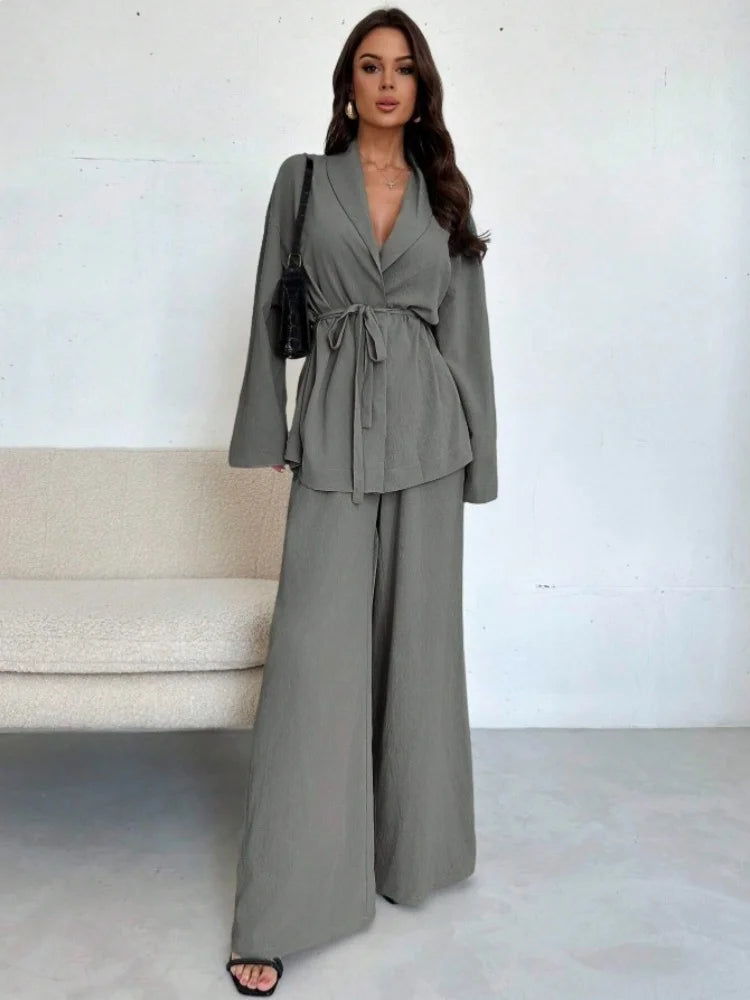  2025 Autumn Winter Two Piece Outfits Woman Clothing Fashionable V-Neck Temperament Long Sleeved Elegant Wide Leg Pants Set