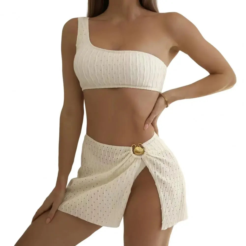 3Pcs/Set Summer Women Bikini Set Backless Lines Texture Bikini Skirt Set One Shoulder High Waist Metal Ring Lady Swimsuit