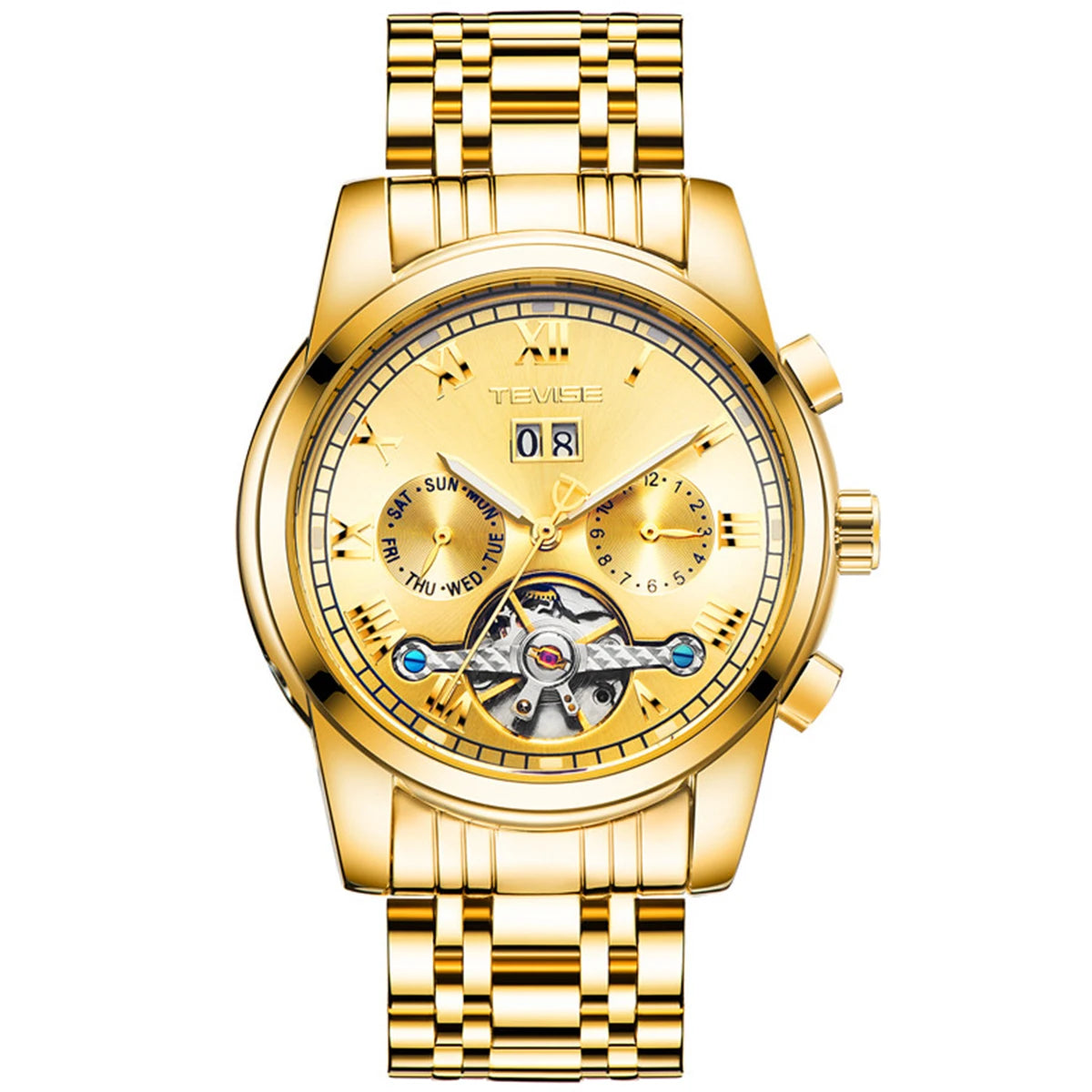 TEVISE Automatic Watch for Men Tourbillon Self-Wind Luxury Stainless Steel Strap Waterproof Luminous Date Wrist Watch