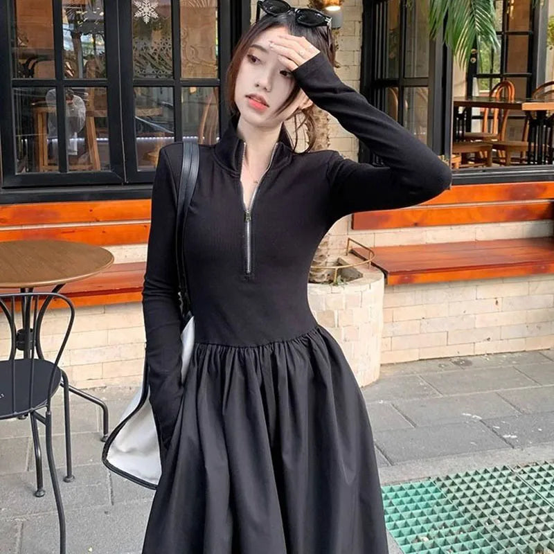 Black Long Dresses for Women Korean Simple High Waist Zipper-Up Turtleneck A-Line Dress Ladies French Style High Street Vestidos