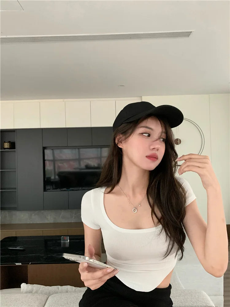 Y2K Goth Kwaii K-neck High Waist T-shirt T shirt Women Irregular Sexy Hot Crop Top Girls Tight Slim Tee Tshirt Woman Clothing