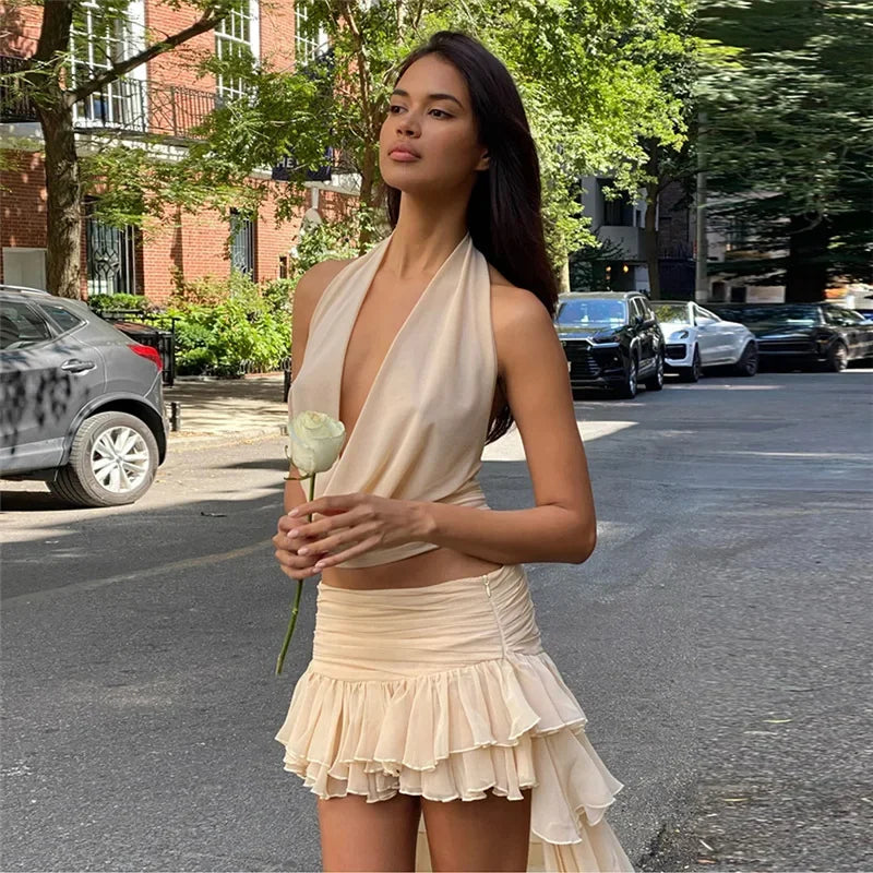 Woman Clothing 2 Pieces Set Dresses Backless Halter Top and Ruffle Long Skirt Elegant Summer Vacation Outfits P94-DH38