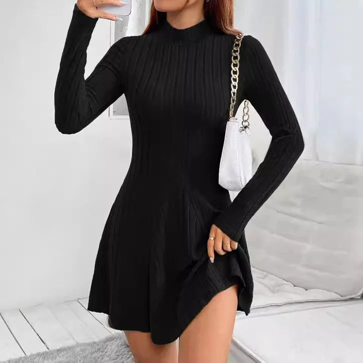 Knitted Dresses Women Basics Pleated Dress Half High Collar Full Sleeve Solid Short Vestidos Knitting A Line Office Lady 2025
