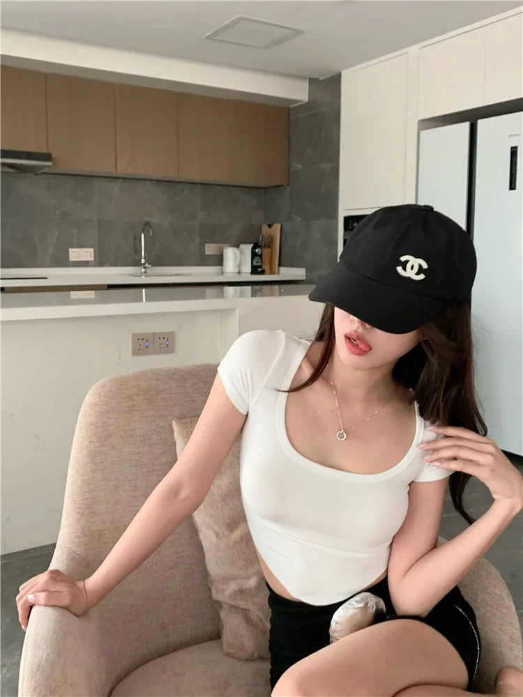 Y2K Goth Kwaii K-neck High Waist T-shirt T shirt Women Irregular Sexy Hot Crop Top Girls Tight Slim Tee Tshirt Woman Clothing