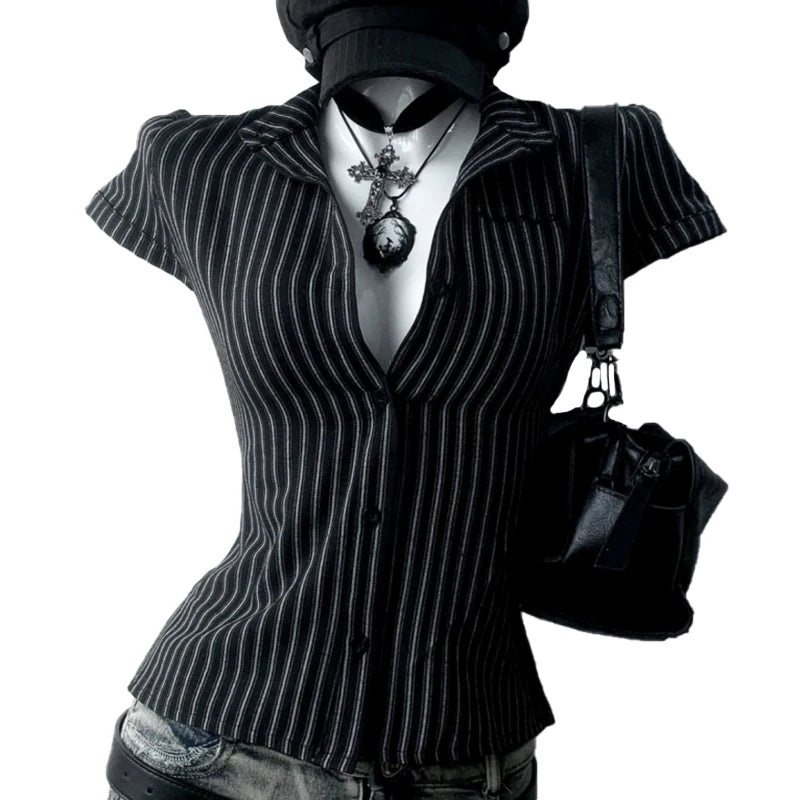 Y2k Sweet SlimTshirt Goth Fake 2 Pieces Vintage Punk Short Sleeve 2000s Button Crop Top Woman Clothing ONeck Harajuku Korea Tees