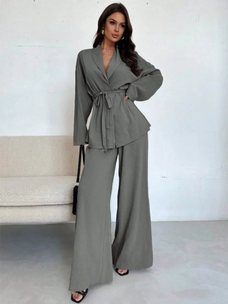  2025 Autumn Winter Two Piece Outfits Woman Clothing Fashionable V-Neck Temperament Long Sleeved Elegant Wide Leg Pants Set