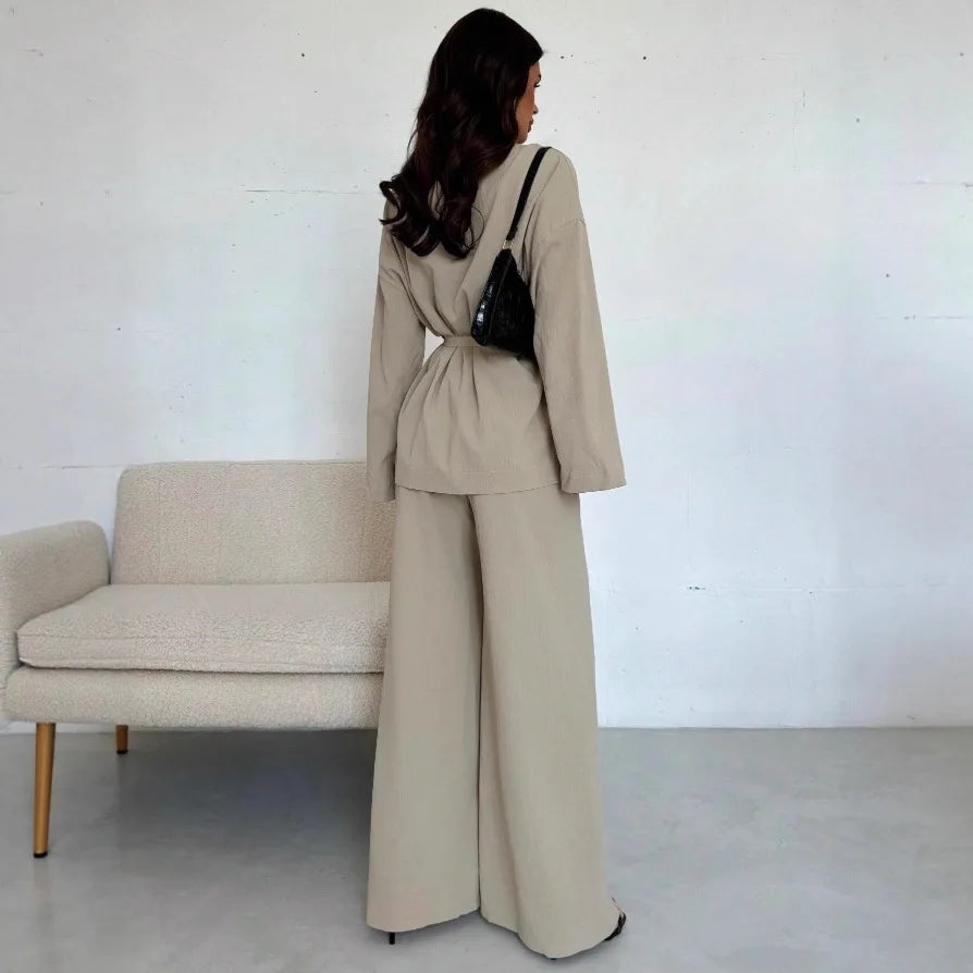  2025 Autumn Winter Two Piece Outfits Woman Clothing Fashionable V-Neck Temperament Long Sleeved Elegant Wide Leg Pants Set