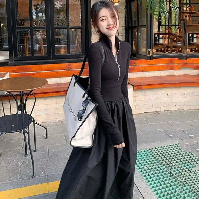 Black Long Dresses for Women Korean Simple High Waist Zipper-Up Turtleneck A-Line Dress Ladies French Style High Street Vestidos