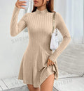 Knitted Dresses Women Basics Pleated Dress Half High Collar Full Sleeve Solid Short Vestidos Knitting A Line Office Lady 2025