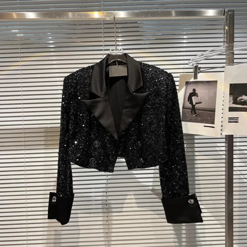 Women's Jackets Woman Clothing Small High Sequined Short Coat Female Autumn Temperament Online Celebrity Suit Collar Shiny Coat