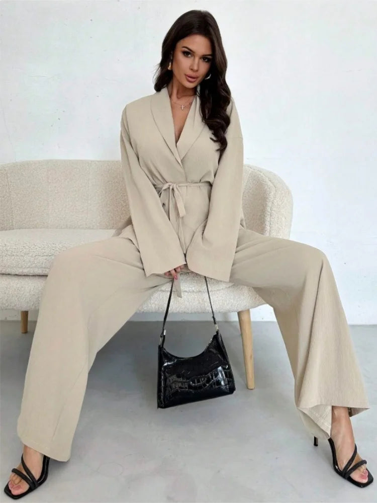  2025 Autumn Winter Two Piece Outfits Woman Clothing Fashionable V-Neck Temperament Long Sleeved Elegant Wide Leg Pants Set