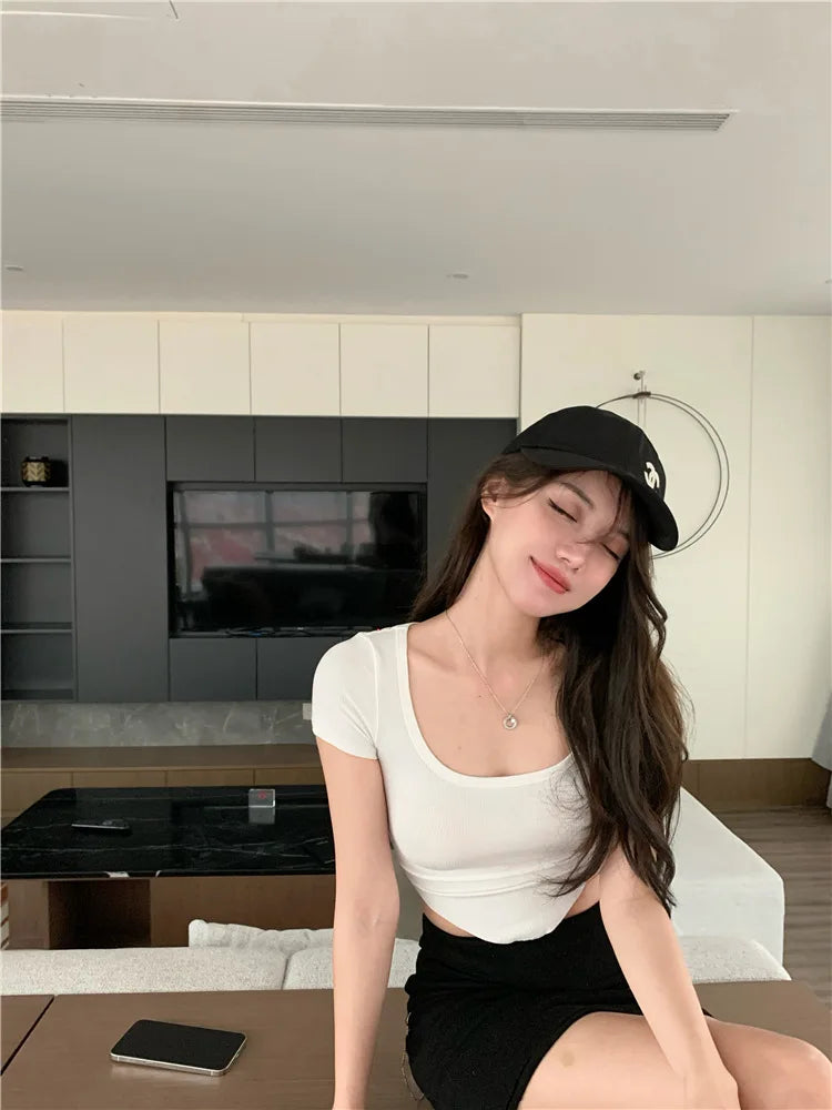 Y2K Goth Kwaii K-neck High Waist T-shirt T shirt Women Irregular Sexy Hot Crop Top Girls Tight Slim Tee Tshirt Woman Clothing