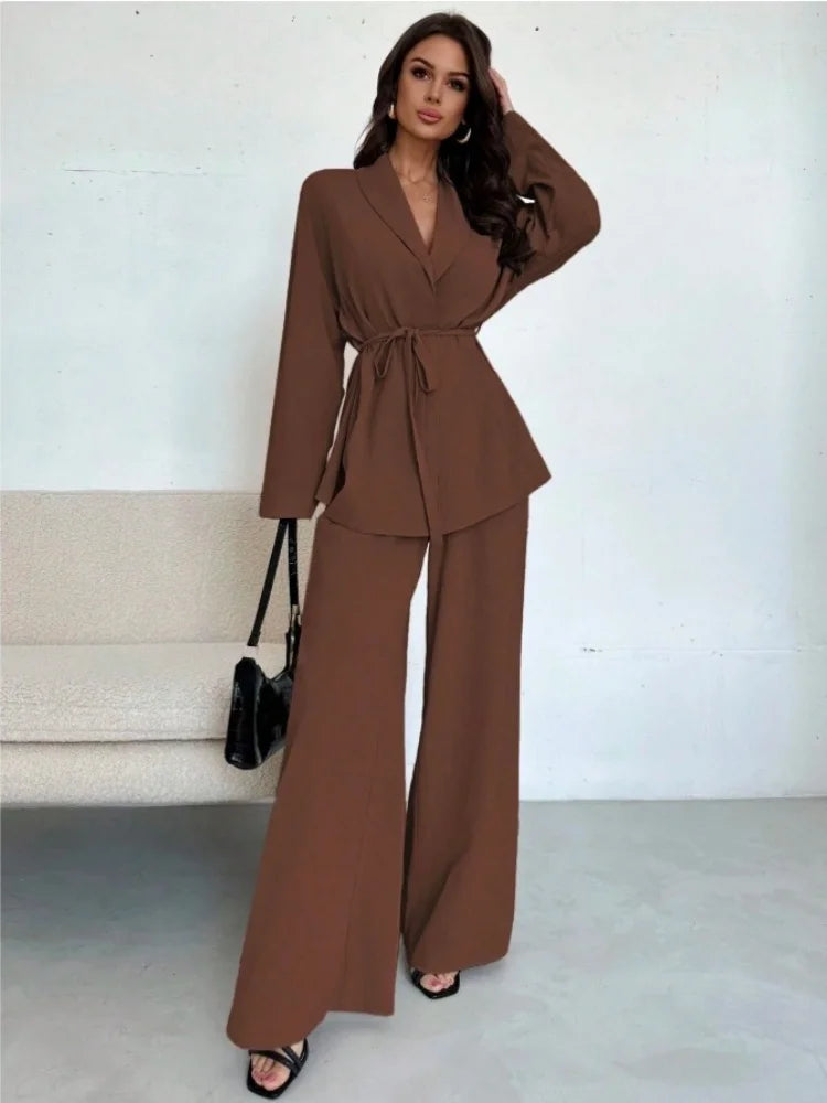  2025 Autumn Winter Two Piece Outfits Woman Clothing Fashionable V-Neck Temperament Long Sleeved Elegant Wide Leg Pants Set