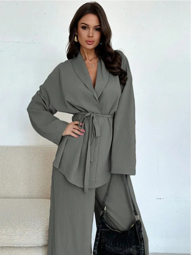  2025 Autumn Winter Two Piece Outfits Woman Clothing Fashionable V-Neck Temperament Long Sleeved Elegant Wide Leg Pants Set