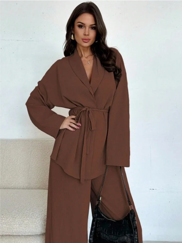  2025 Autumn Winter Two Piece Outfits Woman Clothing Fashionable V-Neck Temperament Long Sleeved Elegant Wide Leg Pants Set