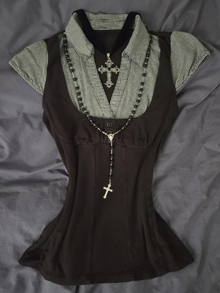 Y2k Sweet SlimTshirt Goth Fake 2 Pieces Vintage Punk Short Sleeve 2000s Button Crop Top Woman Clothing ONeck Harajuku Korea Tees