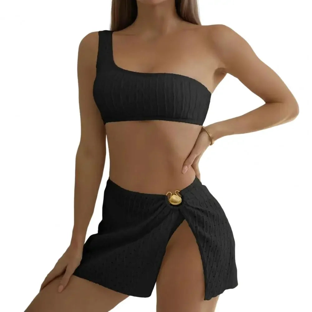 3Pcs/Set Summer Women Bikini Set Backless Lines Texture Bikini Skirt Set One Shoulder High Waist Metal Ring Lady Swimsuit