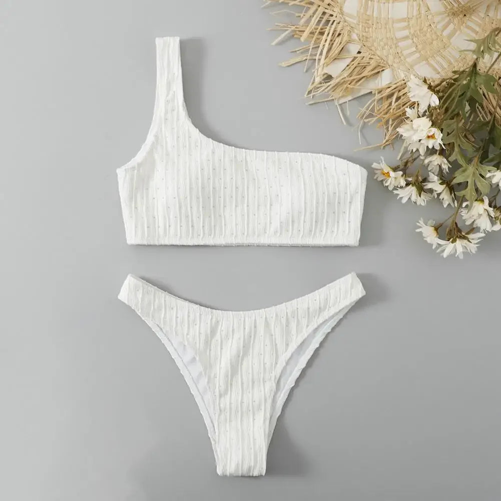 3Pcs/Set Summer Women Bikini Set Backless Lines Texture Bikini Skirt Set One Shoulder High Waist Metal Ring Lady Swimsuit