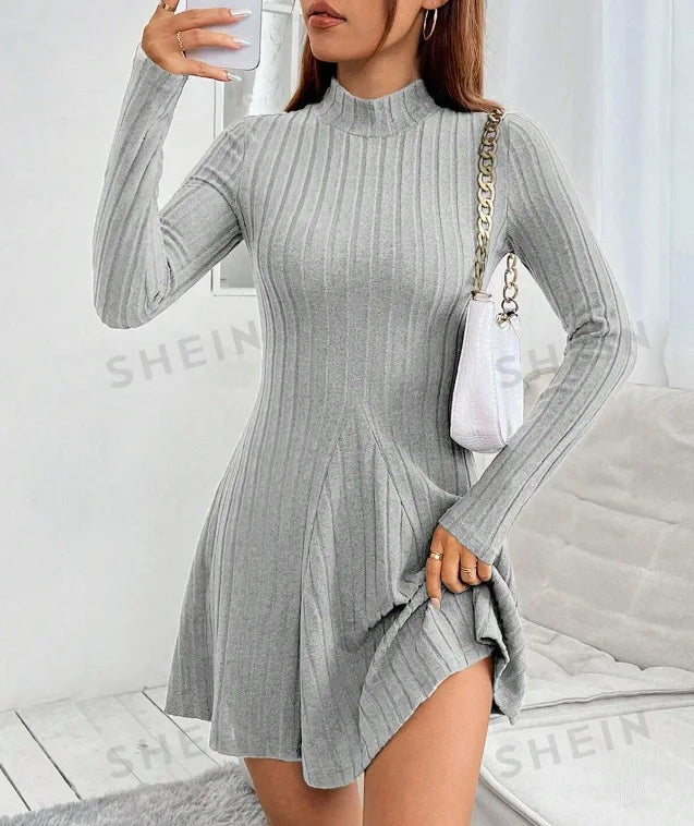 Knitted Dresses Women Basics Pleated Dress Half High Collar Full Sleeve Solid Short Vestidos Knitting A Line Office Lady 2025