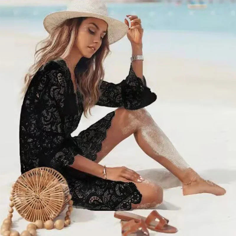 Crochet White Knitted Plunging V-neck Scallop Trim Lace Dress Women Beach Cover Up Tunic Pareos Bikinis Cover Ups Robe Beachwear
