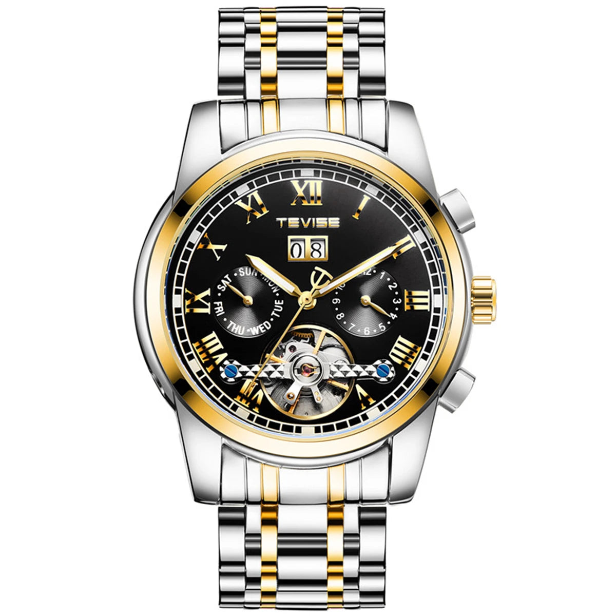 TEVISE Automatic Watch for Men Tourbillon Self-Wind Luxury Stainless Steel Strap Waterproof Luminous Date Wrist Watch