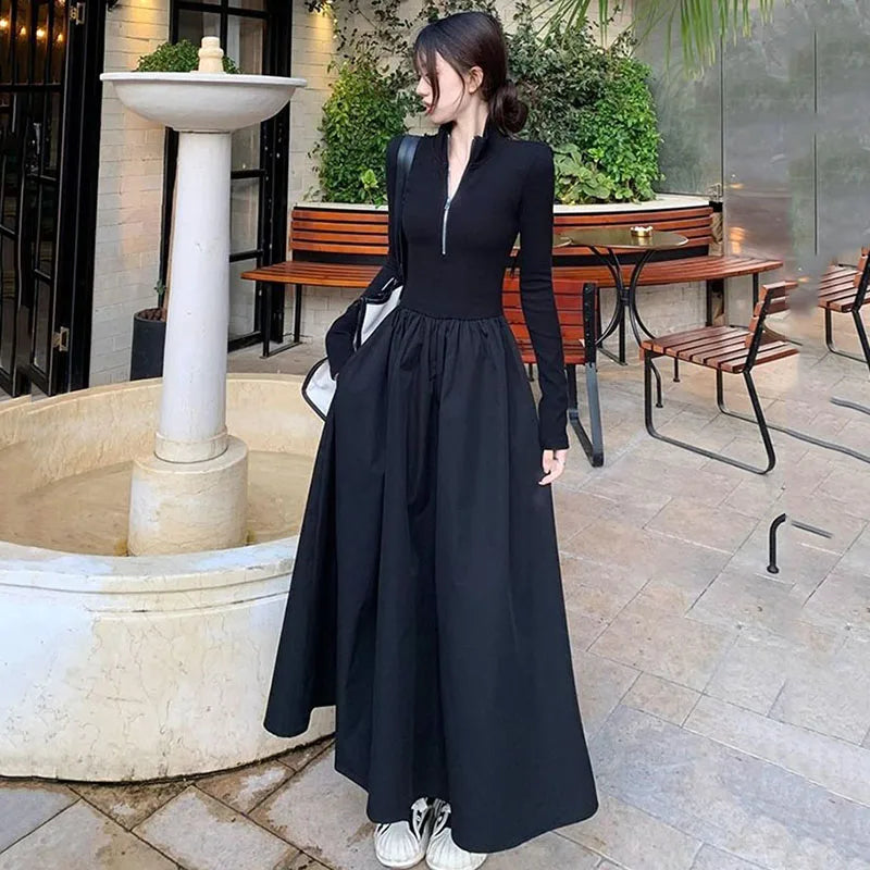 Black Long Dresses for Women Korean Simple High Waist Zipper-Up Turtleneck A-Line Dress Ladies French Style High Street Vestidos