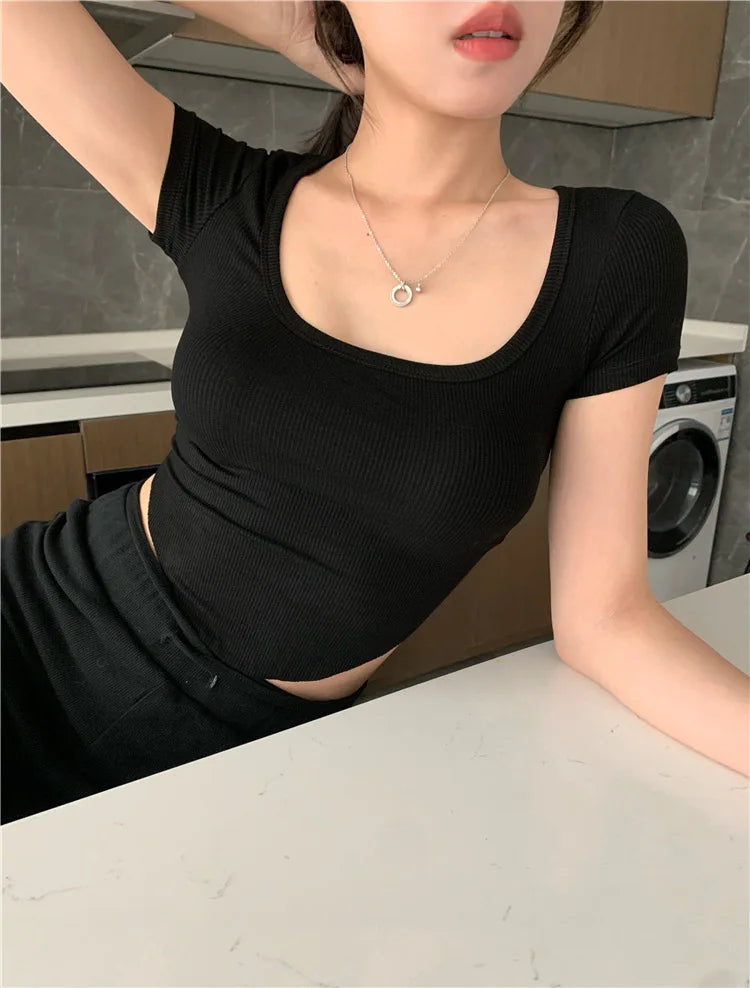 Y2K Goth Kwaii K-neck High Waist T-shirt T shirt Women Irregular Sexy Hot Crop Top Girls Tight Slim Tee Tshirt Woman Clothing