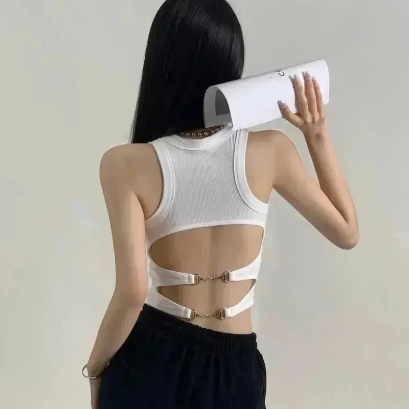 T-shirt Woman Clothing Hollow Waist Chain Y2k Tops Short Sleeve Crop Tops with Bras for Girls Sexy Street Wear Backless Top Tees