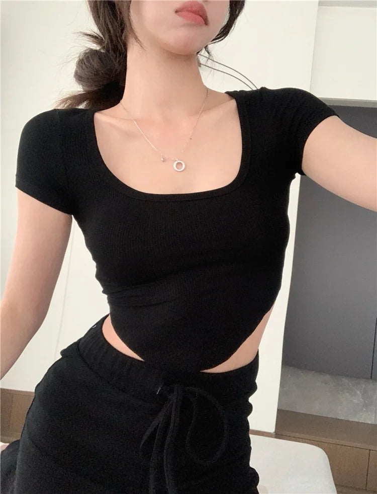 Y2K Goth Kwaii K-neck High Waist T-shirt T shirt Women Irregular Sexy Hot Crop Top Girls Tight Slim Tee Tshirt Woman Clothing