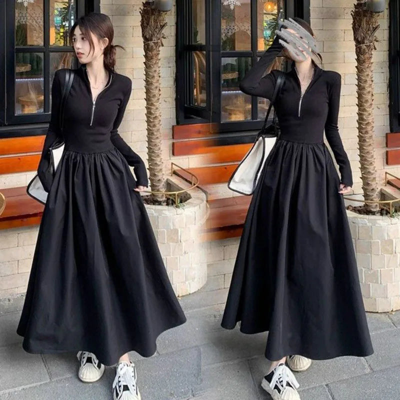 Black Long Dresses for Women Korean Simple High Waist Zipper-Up Turtleneck A-Line Dress Ladies French Style High Street Vestidos