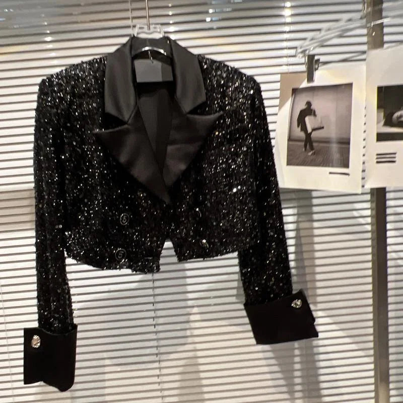 Women's Jackets Woman Clothing Small High Sequined Short Coat Female Autumn Temperament Online Celebrity Suit Collar Shiny Coat