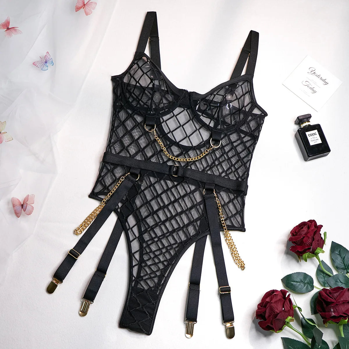 Bikini Sexy Lingerie Large Mesh Metal Steel Ring Gather Comfortably Slim Fit Jumpsuit for Women