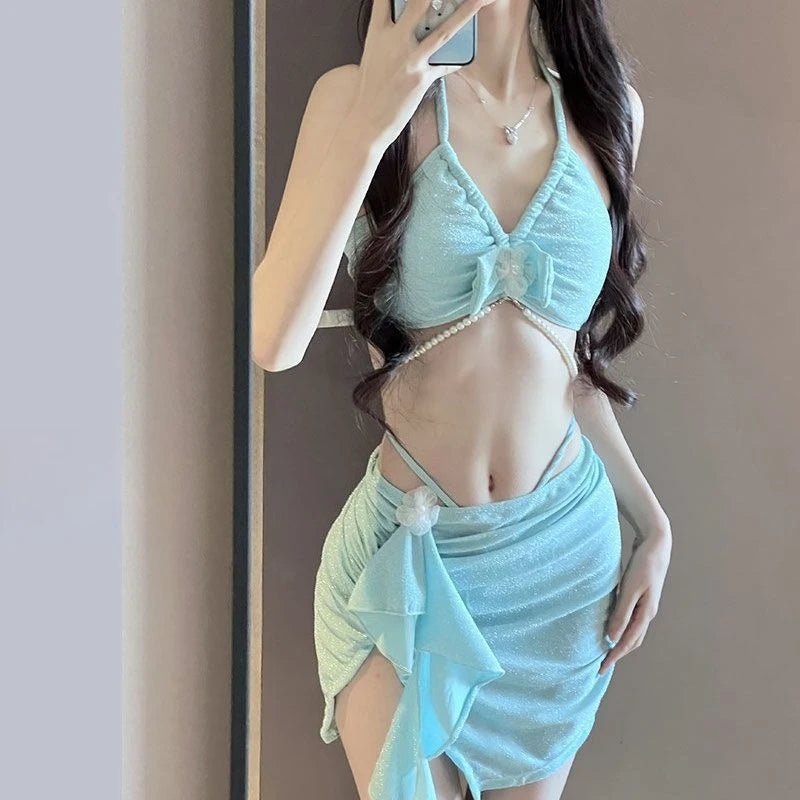 3 Piece Pearl Fringe Bikini Set Women's Separate Swimsuit Slimming Bathing Suit for Hot Spring Vacation Style Beach Pool Party