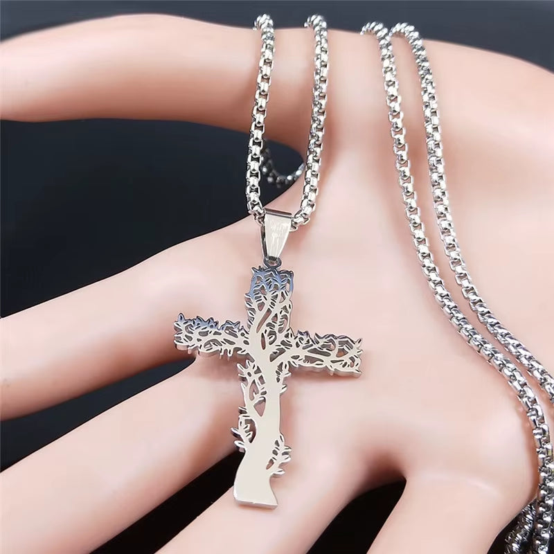 Stainless Steel Tree of Life Cross Pendant Necklace Silver Color Men Women Aesthetic Necklace Jewelry Arbol De La Vida N3018S02