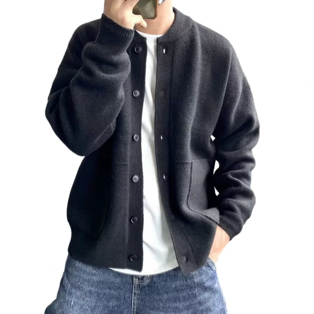 Sweater Coat Men'S round Neck Knitted Cardigan Sweater with Single-Breasted Closure Solid Color Long Sleeve Coat for Warmth