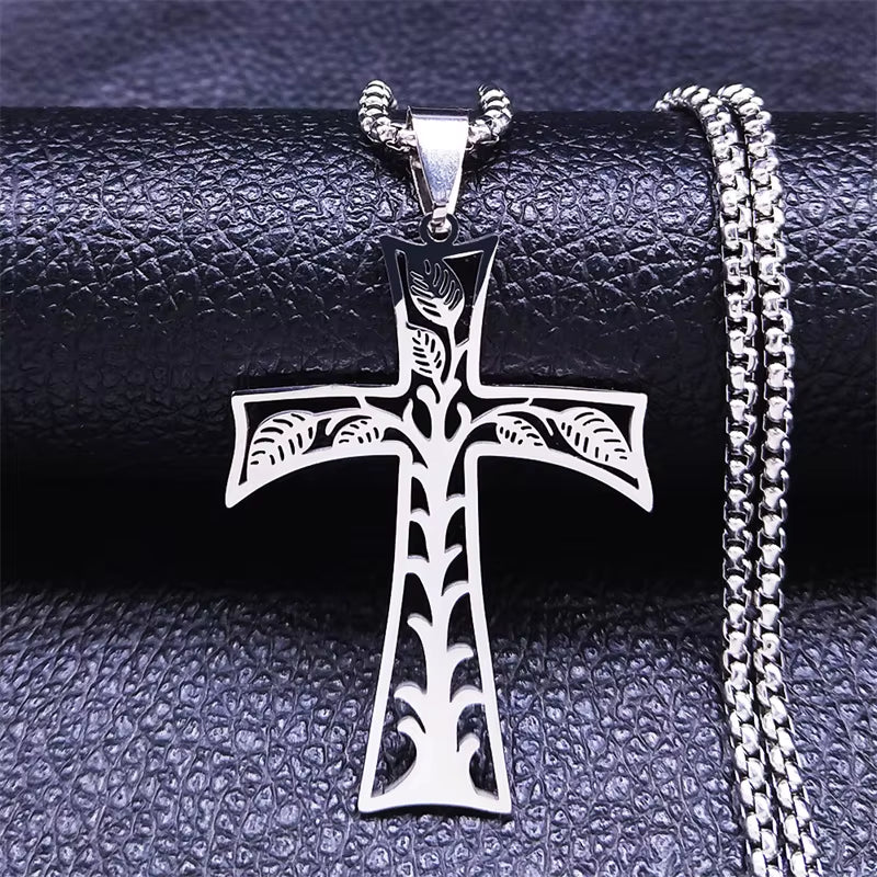 Stainless Steel Tree of Life Cross Pendant Necklace Silver Color Men Women Aesthetic Necklace Jewelry Arbol De La Vida N3018S02