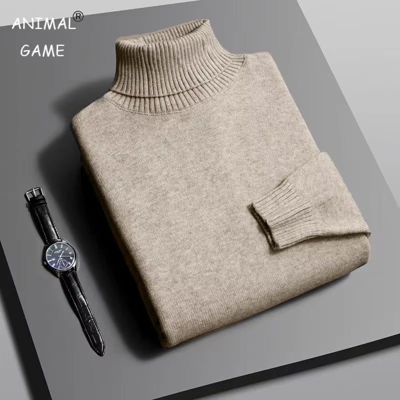 Autumn Mens High Quality Knitted Turtleneck Sweater Slim Fit Long Sleeve Anti-Pilling Pullover Solid Color Trend Men Streetwea